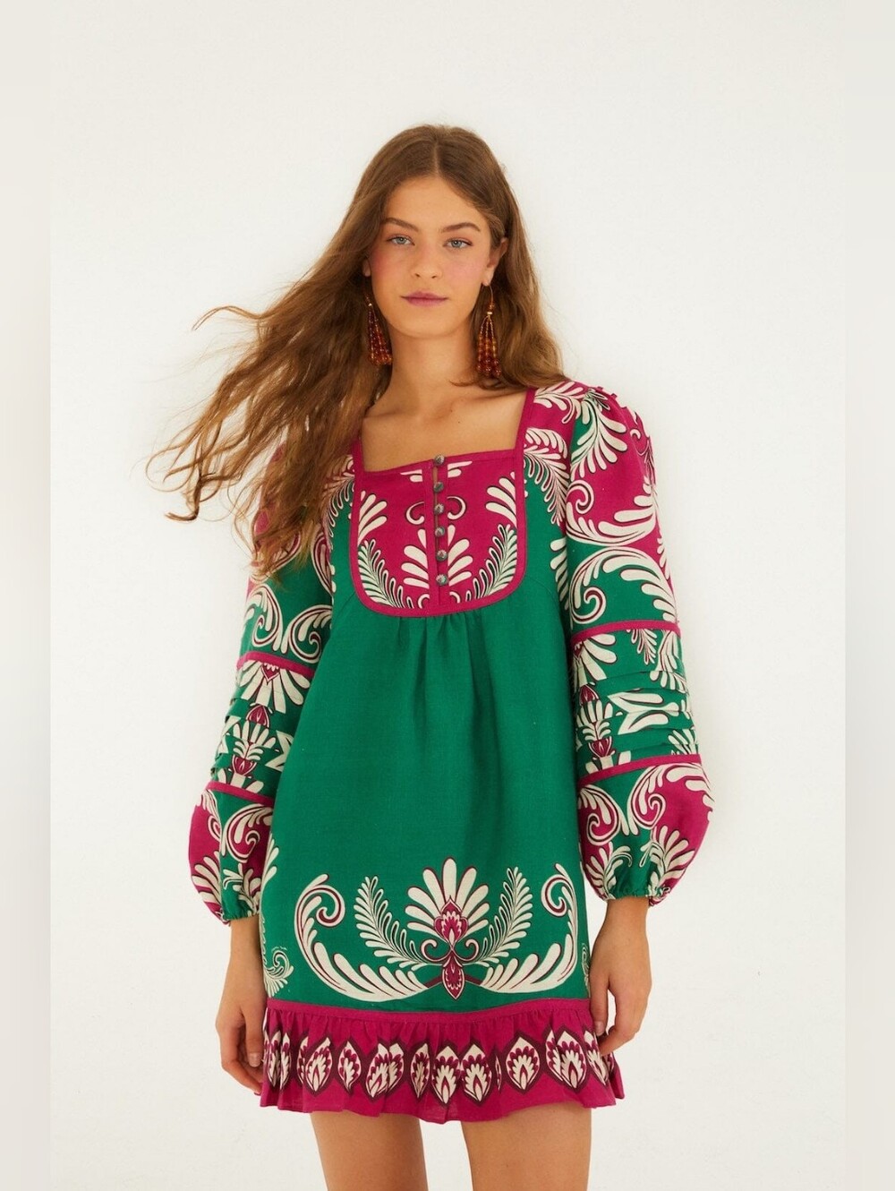 Farm Rio Pink and Green Spring Arabesc Long Sleeve Mini Dress XS